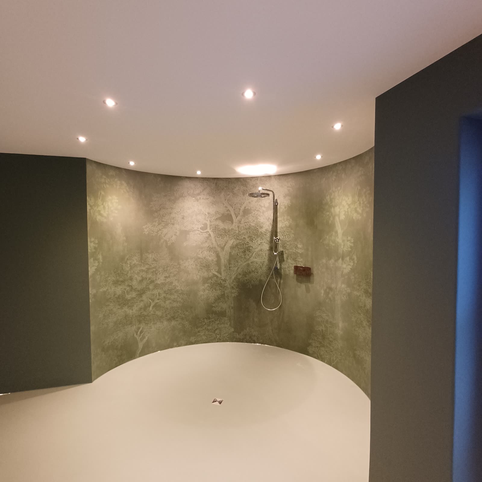 Round shower with a seamless floor and a wallpapered wall with a forest motif