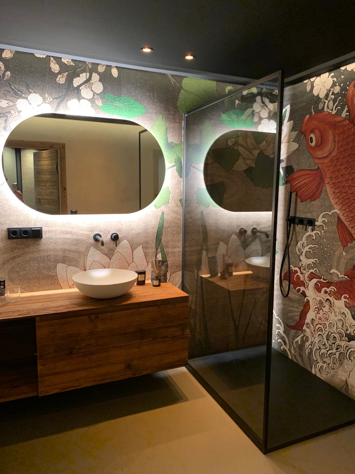 Bathroom with a large koi wallpaper and a seamless floor